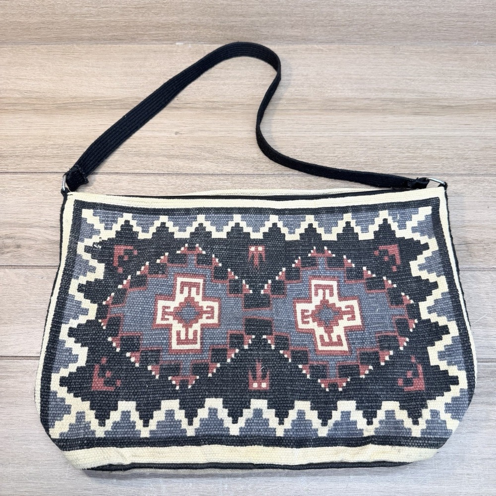 BOHO Made in INDIA Large Beige and Black Tapestry Yarn Woven Bag Purse Hippie